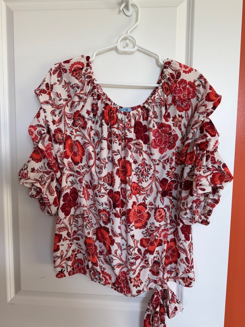 CeCe White Blouse with Red Floral Tie-Hem